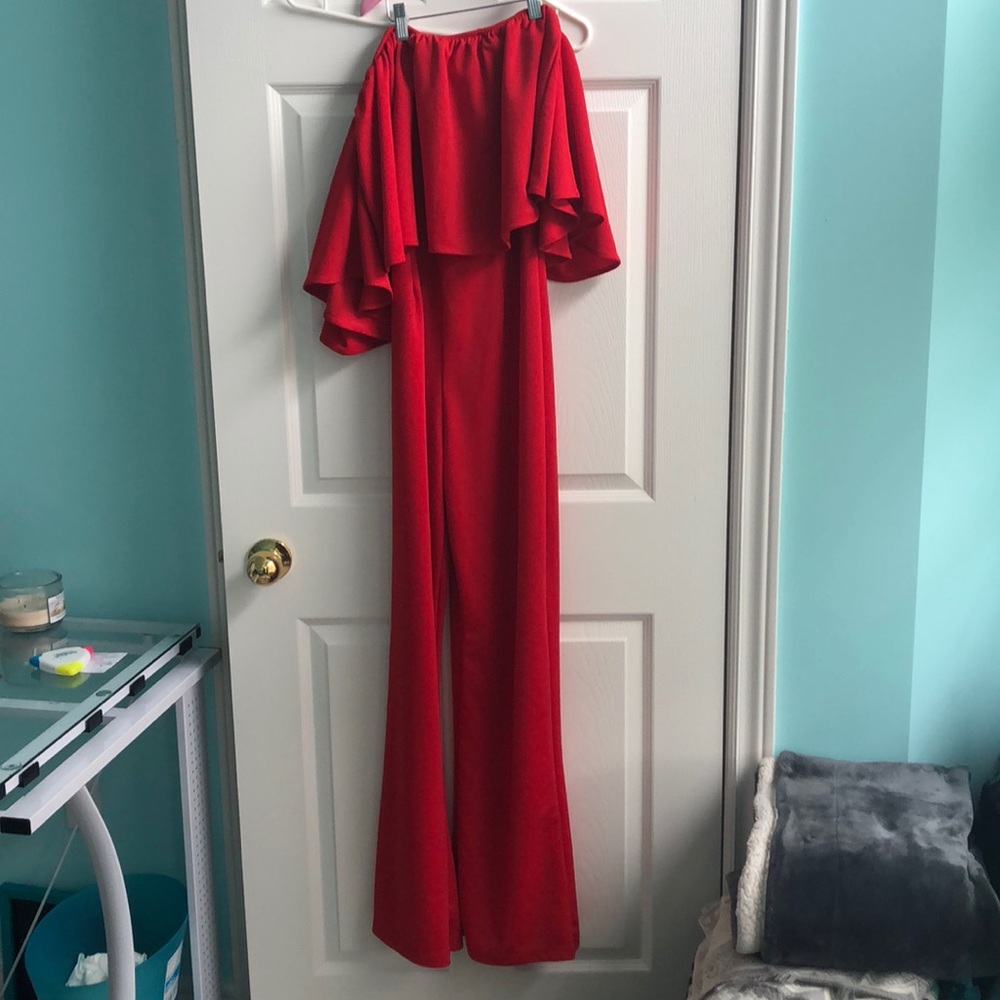 Red off the shoulder jumpsuit